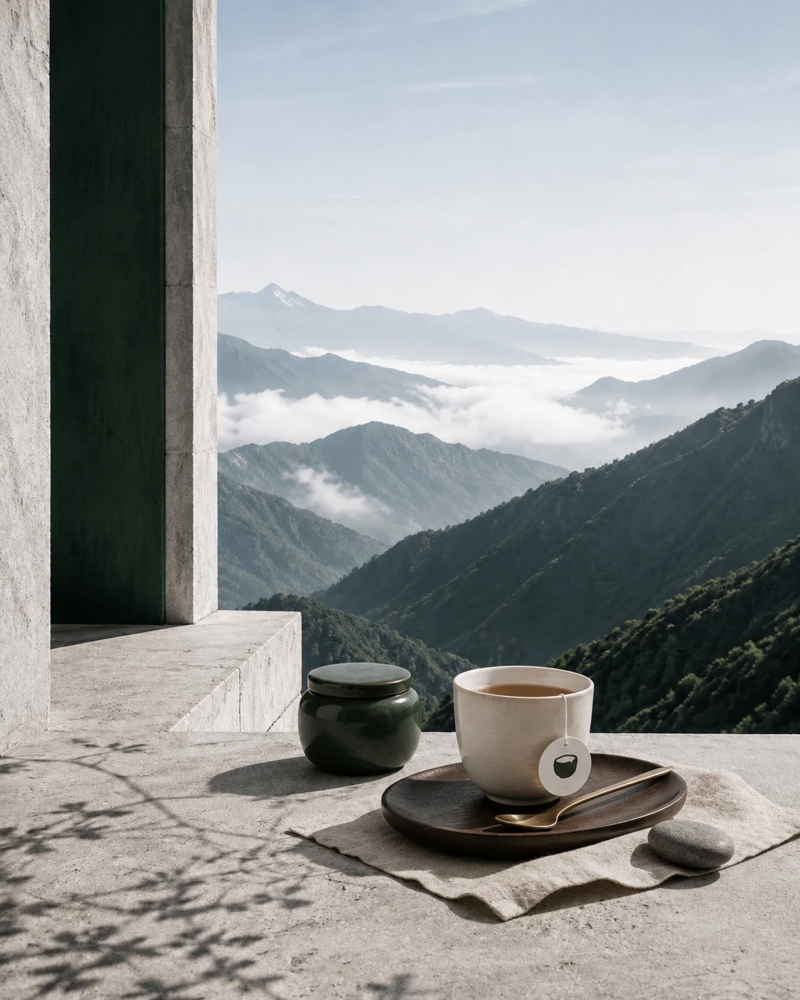 高山云海前，一杯清透茶汤映出自然山光